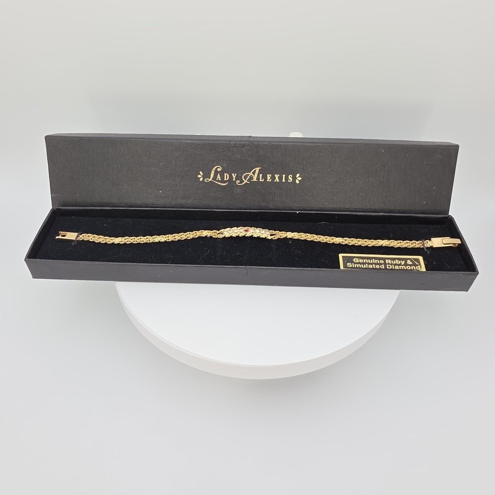 Vtg LADY ALEXIS Bracelet Genuine Ruby Simulated Diamonds Gold Plate 8"‎ In Box